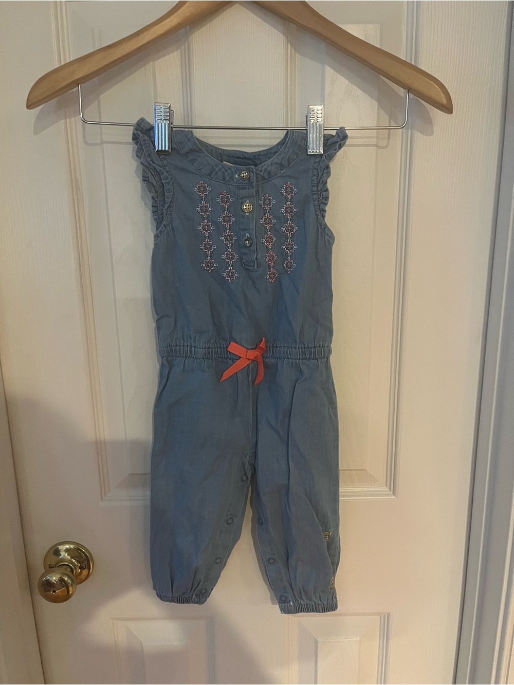 Juicy Couture Blue Chambray Girls Romper with Coral Bow